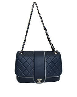 CC Fabric Trim Flap Bag, Leather, Blue, 27261122, Ac/Db/Rcp, 3